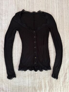 Free People Black Lace-Trim Buttoned Long Sleeve Top